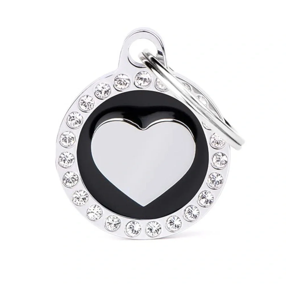 NWT My Family Custom Glam Black Heart Swarovski Crystal Engravable Pet Dog Tag